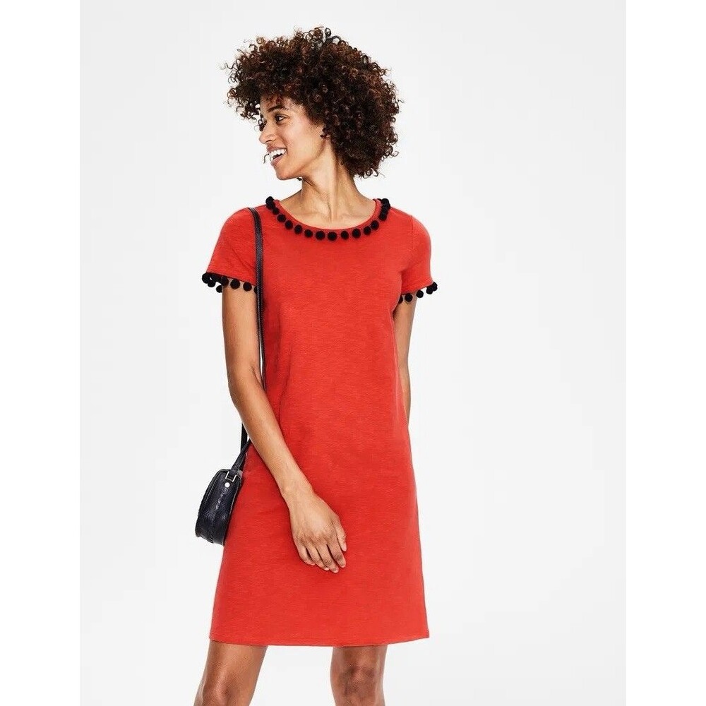 Boden Bridget Jersey 100% Cotton Pompom Shift Dress in Red & Navy Size 6 EUC!!